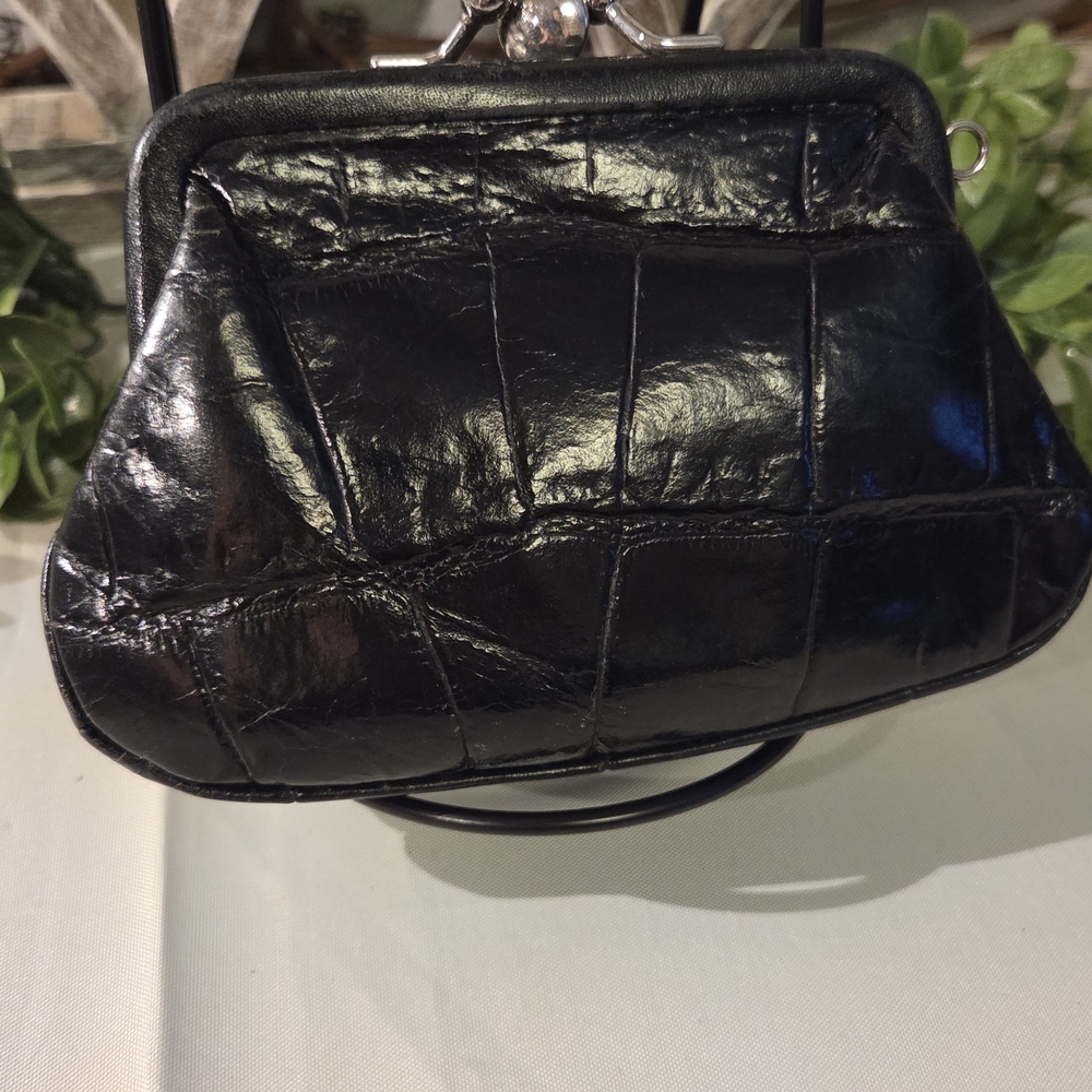 Brighton Black Croc Embossed Leather Kiss Lock Coin Elegant Black Leather Clutch - Picture 5 of 12